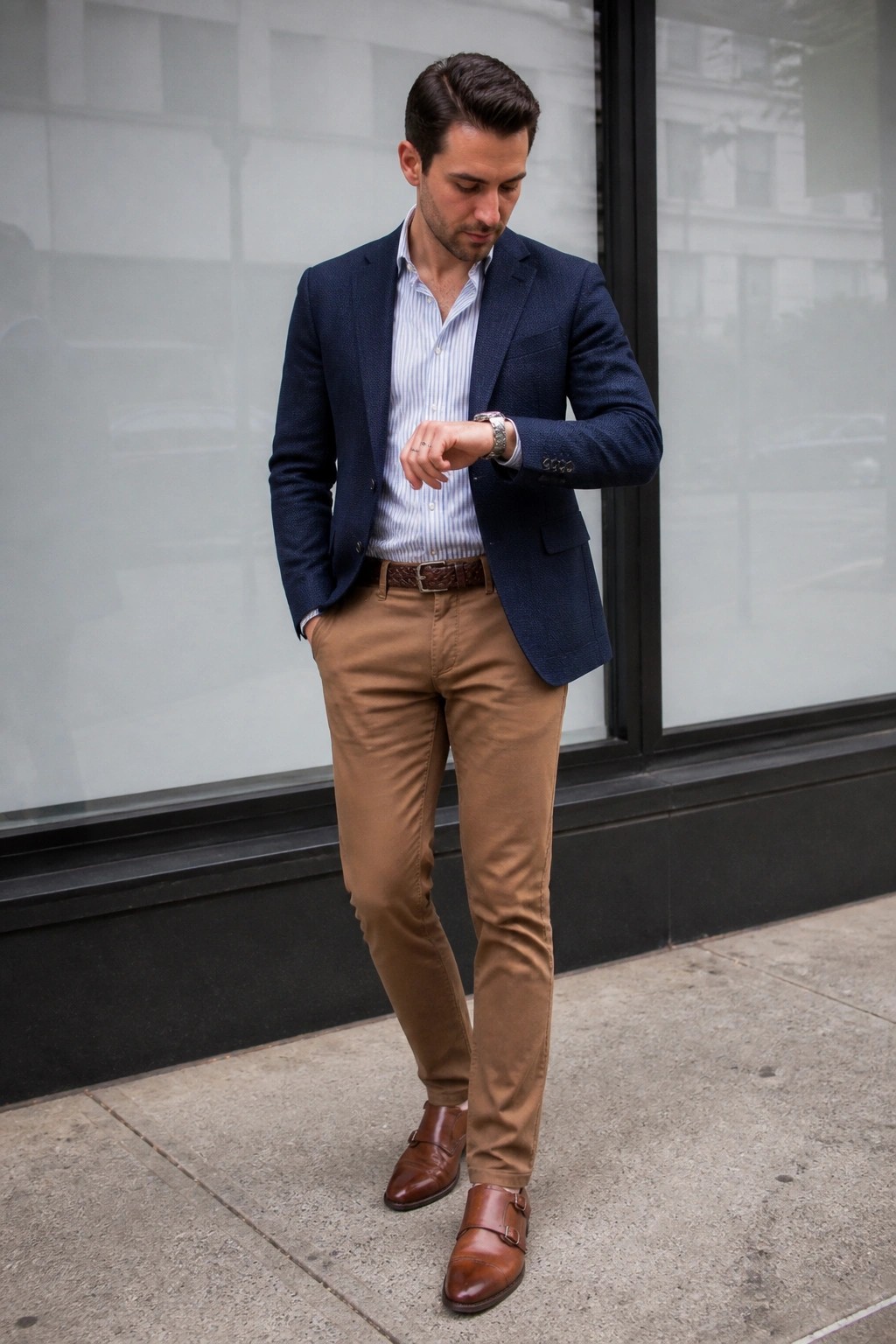 Man in navy blazer and tan pants checking wristwatch on urban sidewalk
