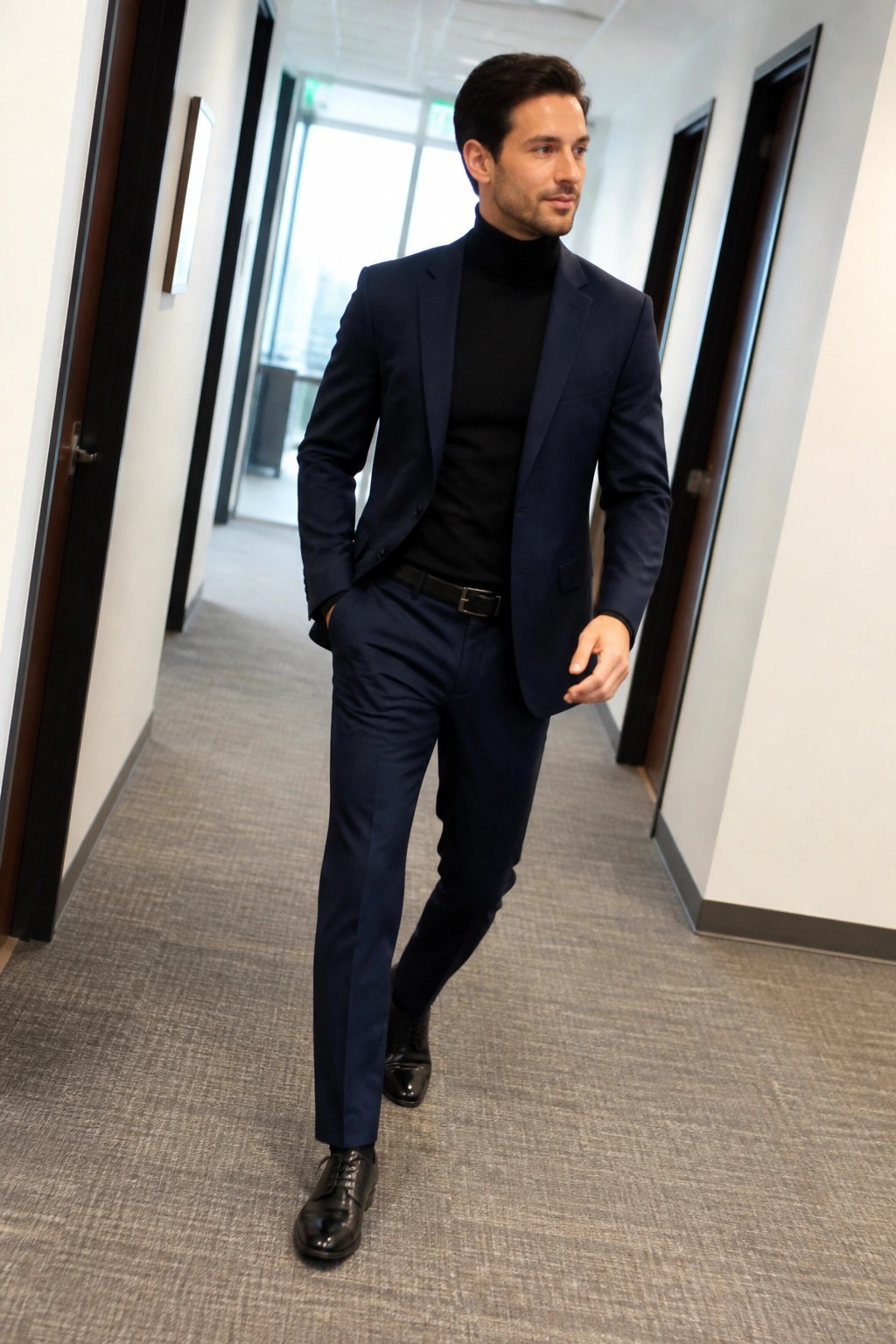 Man in navy suit and black turtleneck walking through modern office hallway