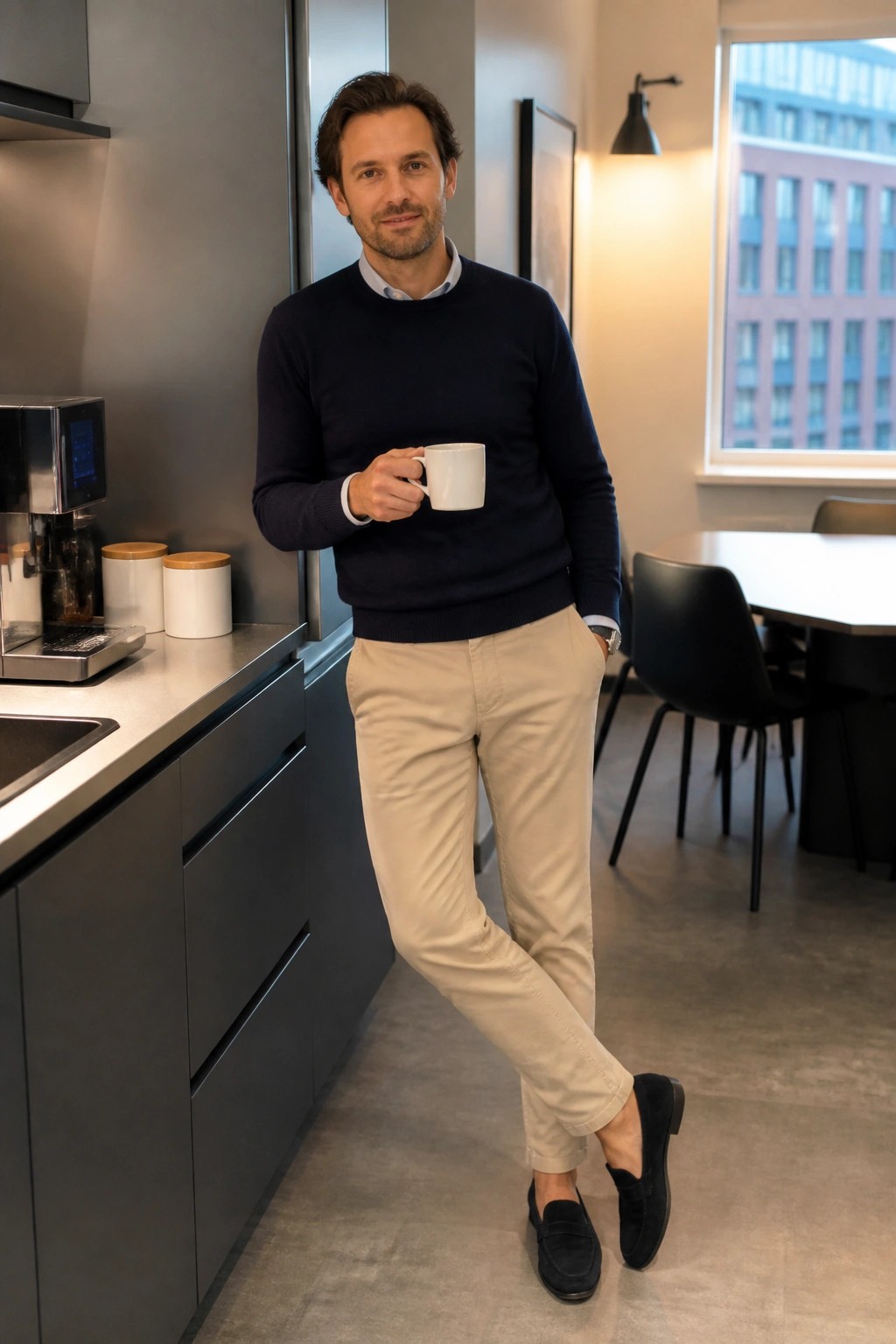 Man in navy crewneck sweater over light blue collared shirt, beige chinos, and black suede loafers standing in a modern office kitchen while holding a white mug.