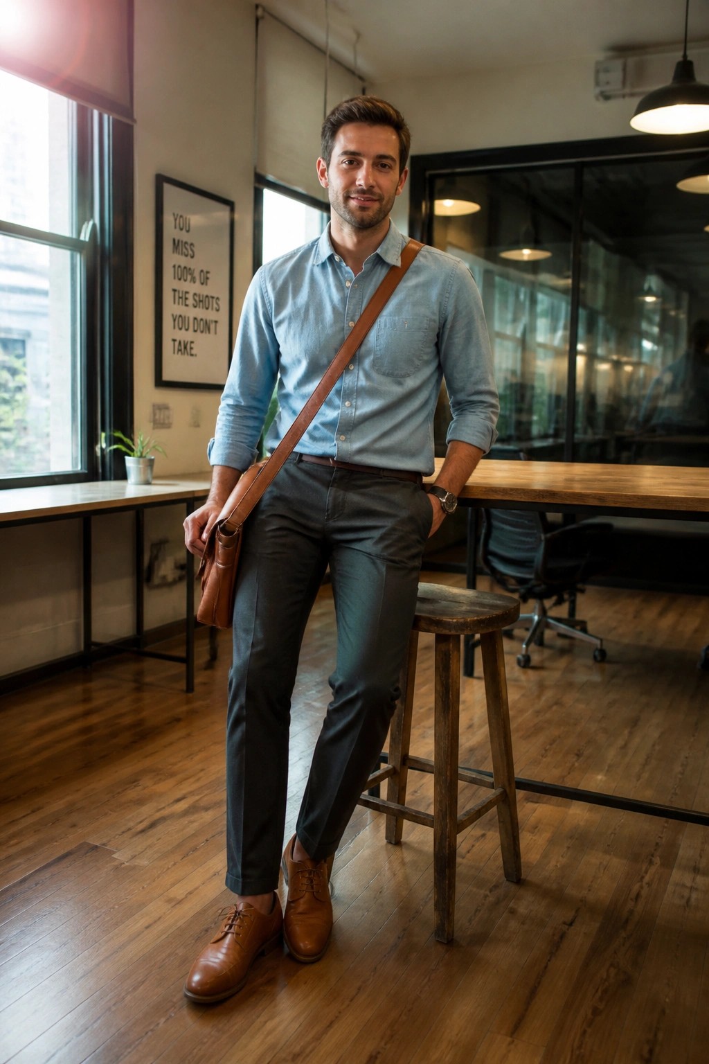 Man in light blue shirt with brown leather bag in modern office
