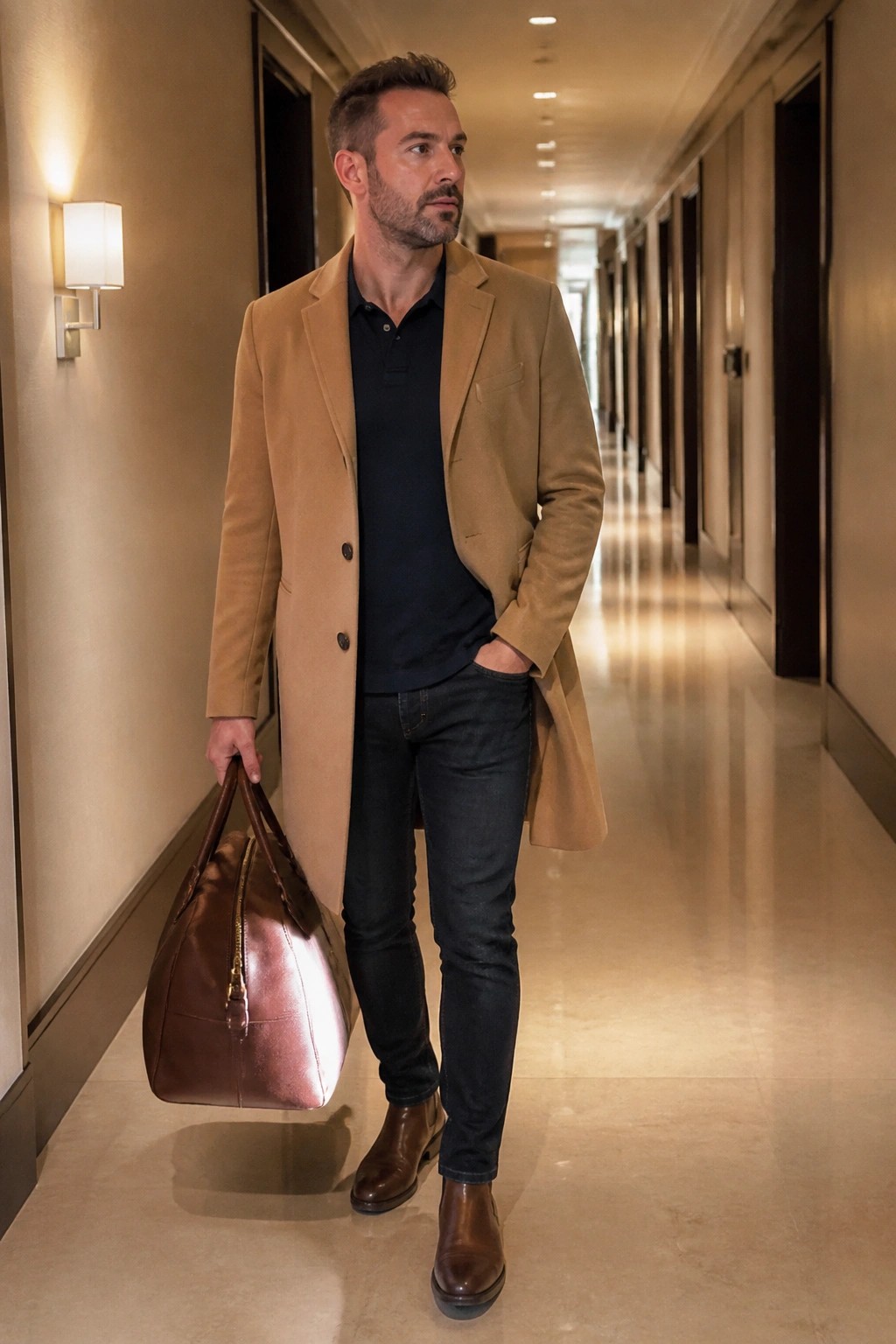 Man in tan overcoat carries brown leather bag down elegant hallway