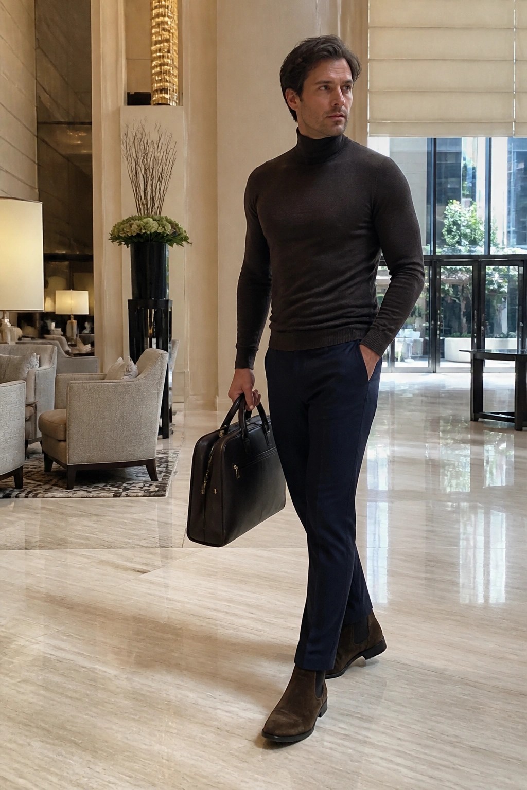 Man in brown turtleneck and navy pants holding leather briefcase in marble lobby