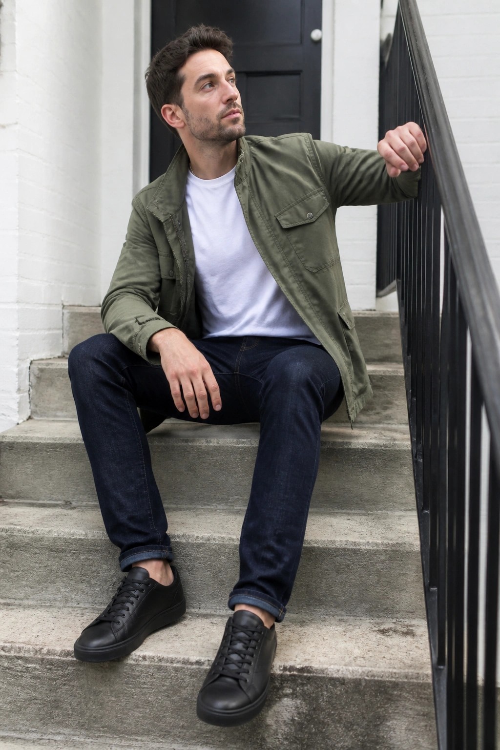 Man in green jacket and blue jeans sitting on steps holding black railing.