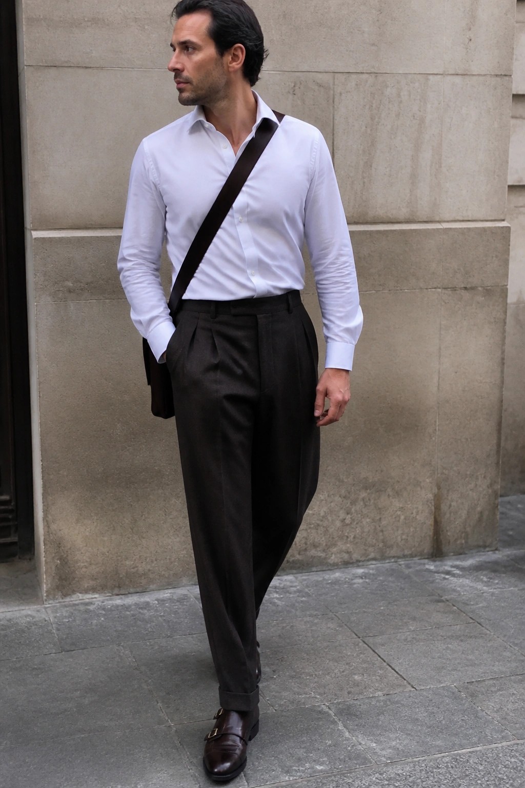 Man in white shirt and pleated brown trousers with shoulder bag by stone wall