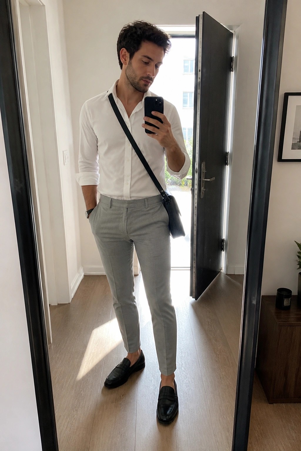 Man in white shirt and gray pants taking mirror selfie with black bag