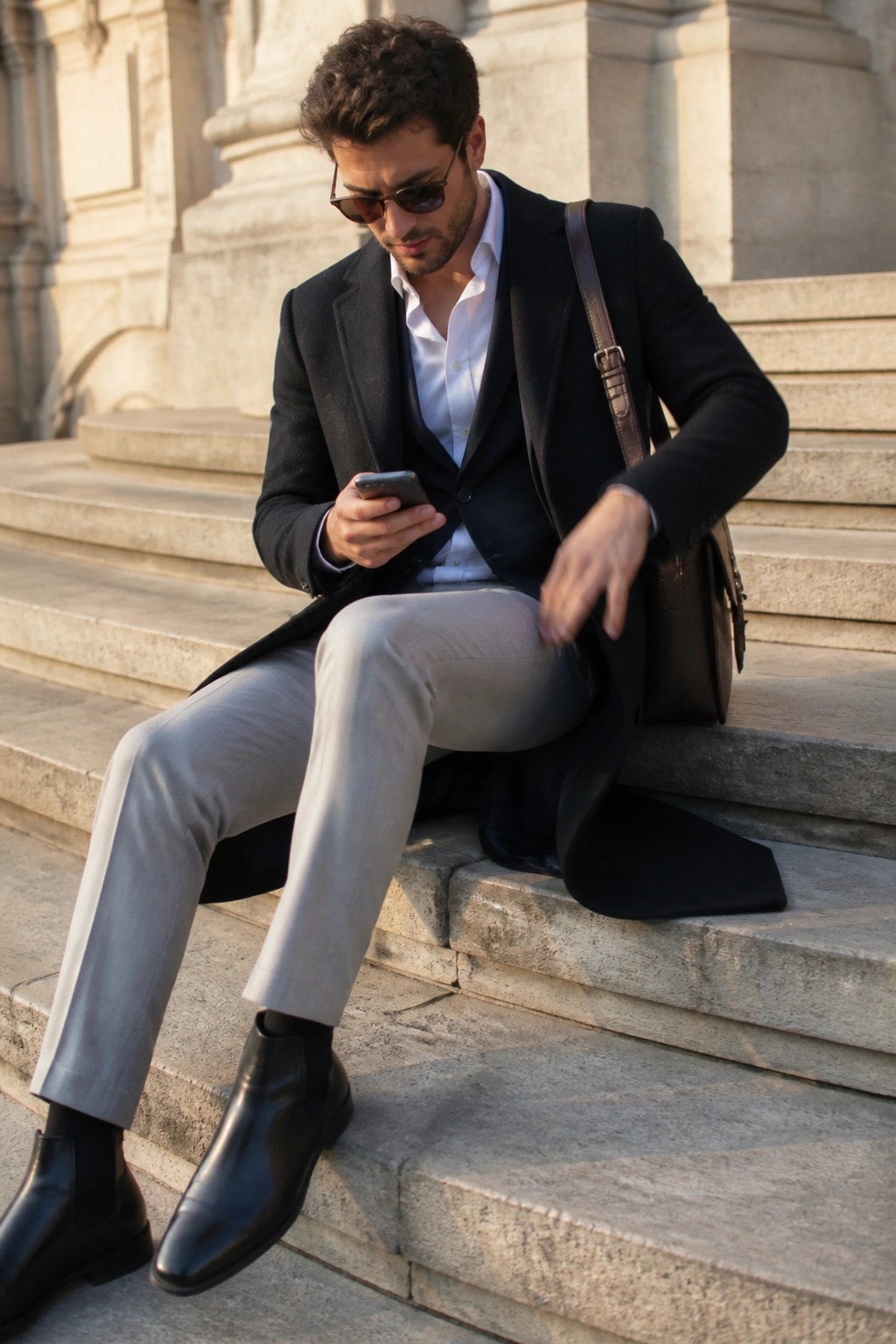 Man in black coat over white shirt sits on stone steps viewing smartphone