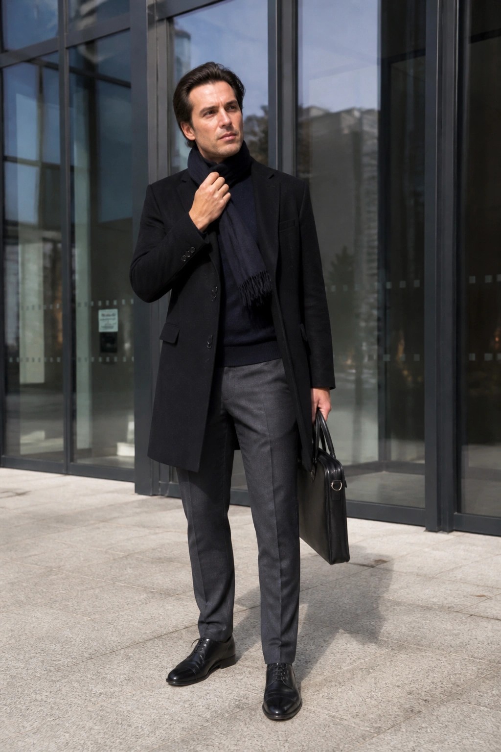 Man in black overcoat adjusting scarf while holding briefcase outside building