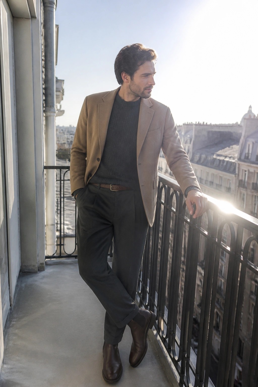 Man wearing a tan blazer over a dark gray knit sweater with dark trousers, brown belt, and brown Chelsea boots in a layered winter work style.