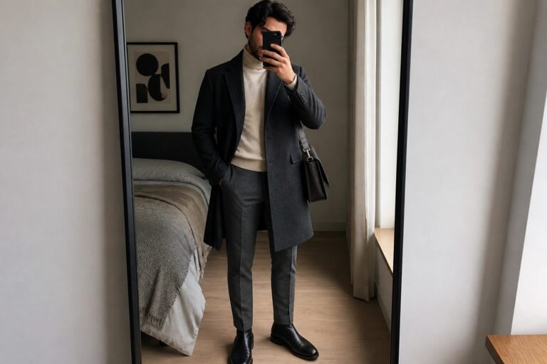 Man in gray overcoat and cream turtleneck taking mirror selfie with black bag.