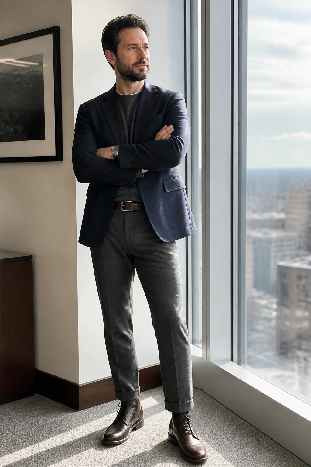 Man in navy blazer and gray trousers stands arms crossed by city window
