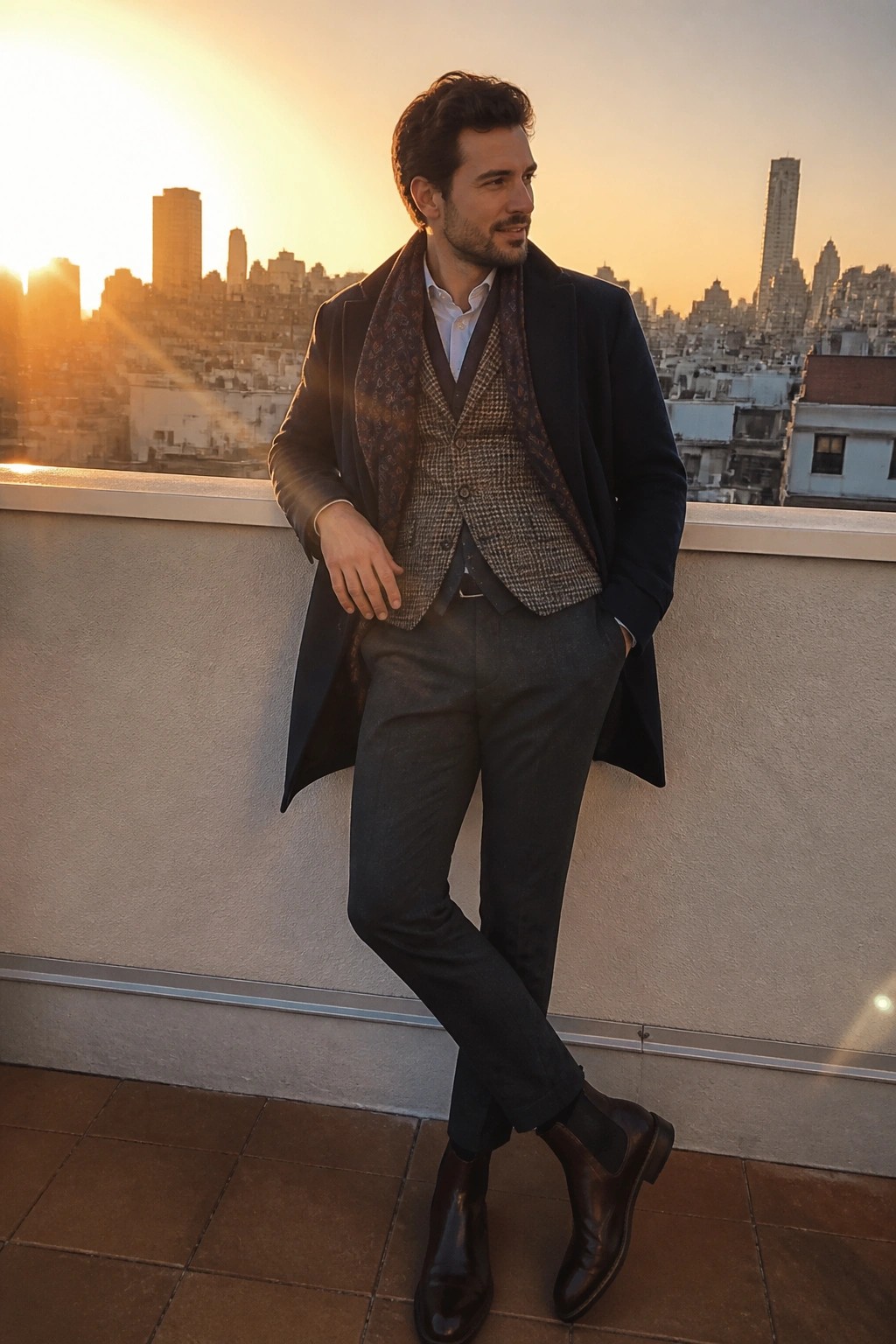 A man wearing a navy overcoat over a houndstooth vest with a patterned scarf, white shirt, dark trousers, and brown Chelsea boots in a standing pose.