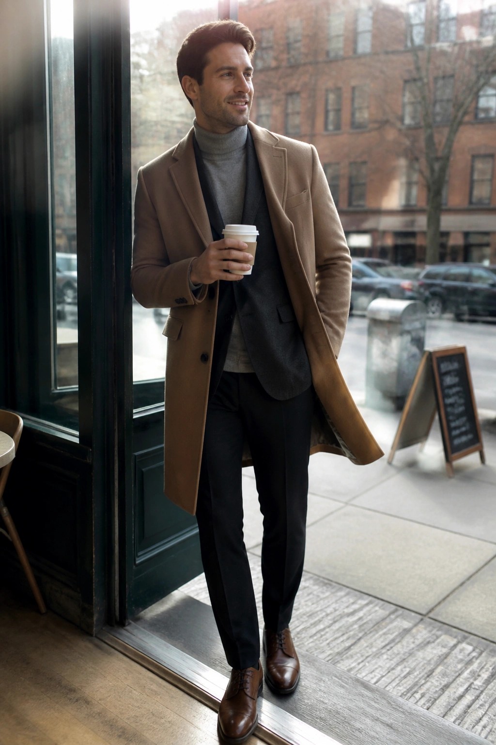 Man in tan overcoat and gray turtleneck holds coffee at urban doorway