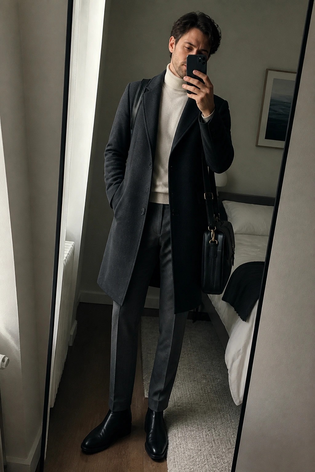 Man in gray overcoat and cream turtleneck taking mirror selfie with black bag.