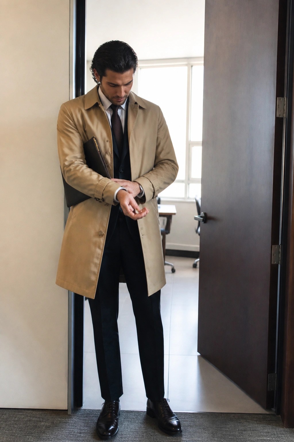 Man wearing tan trench coat over black three-piece suit with white shirt and dark tie holding a black folder in an office doorway.