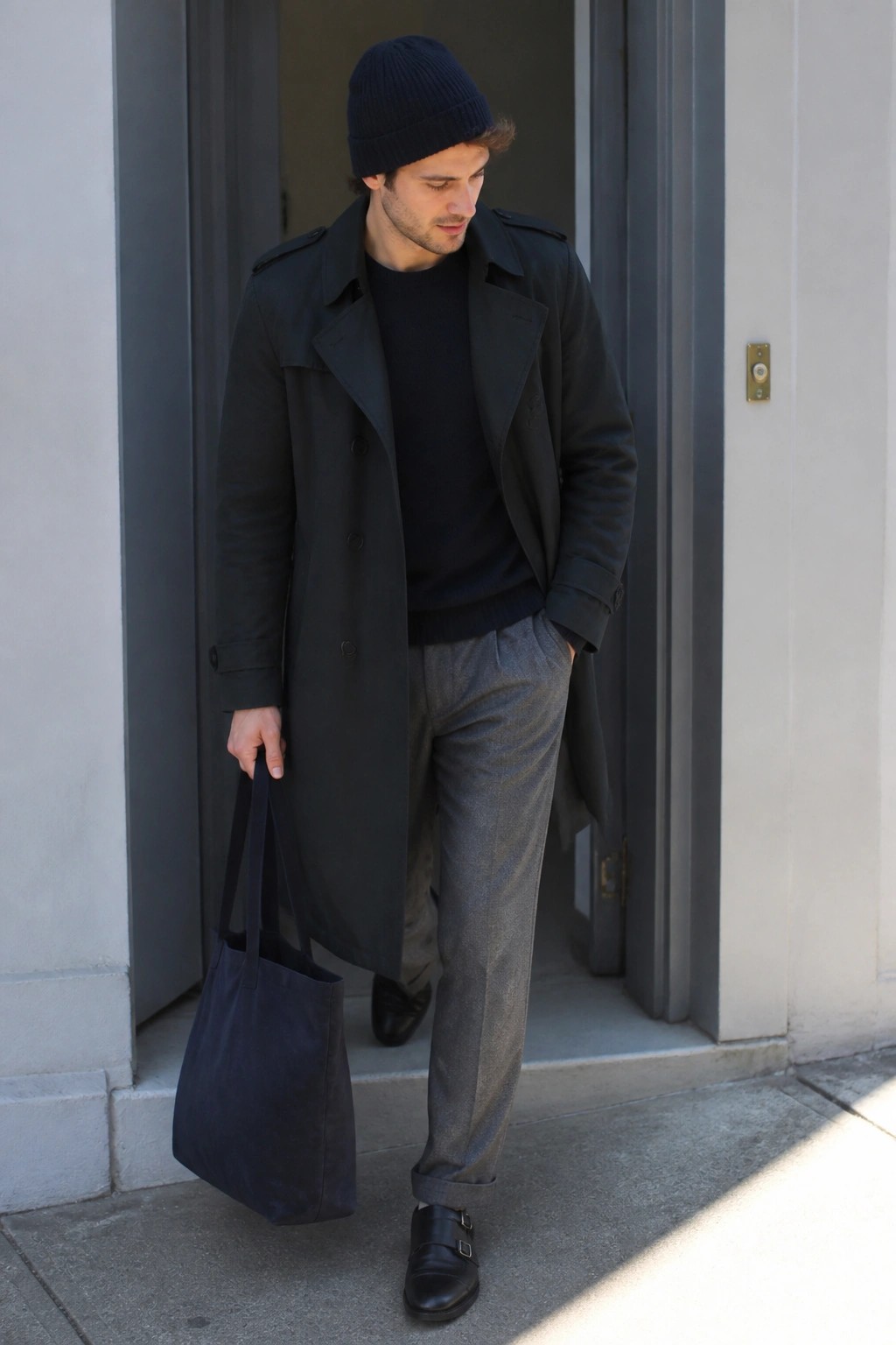Man in black trench coat and beanie holding navy tote bag in doorway