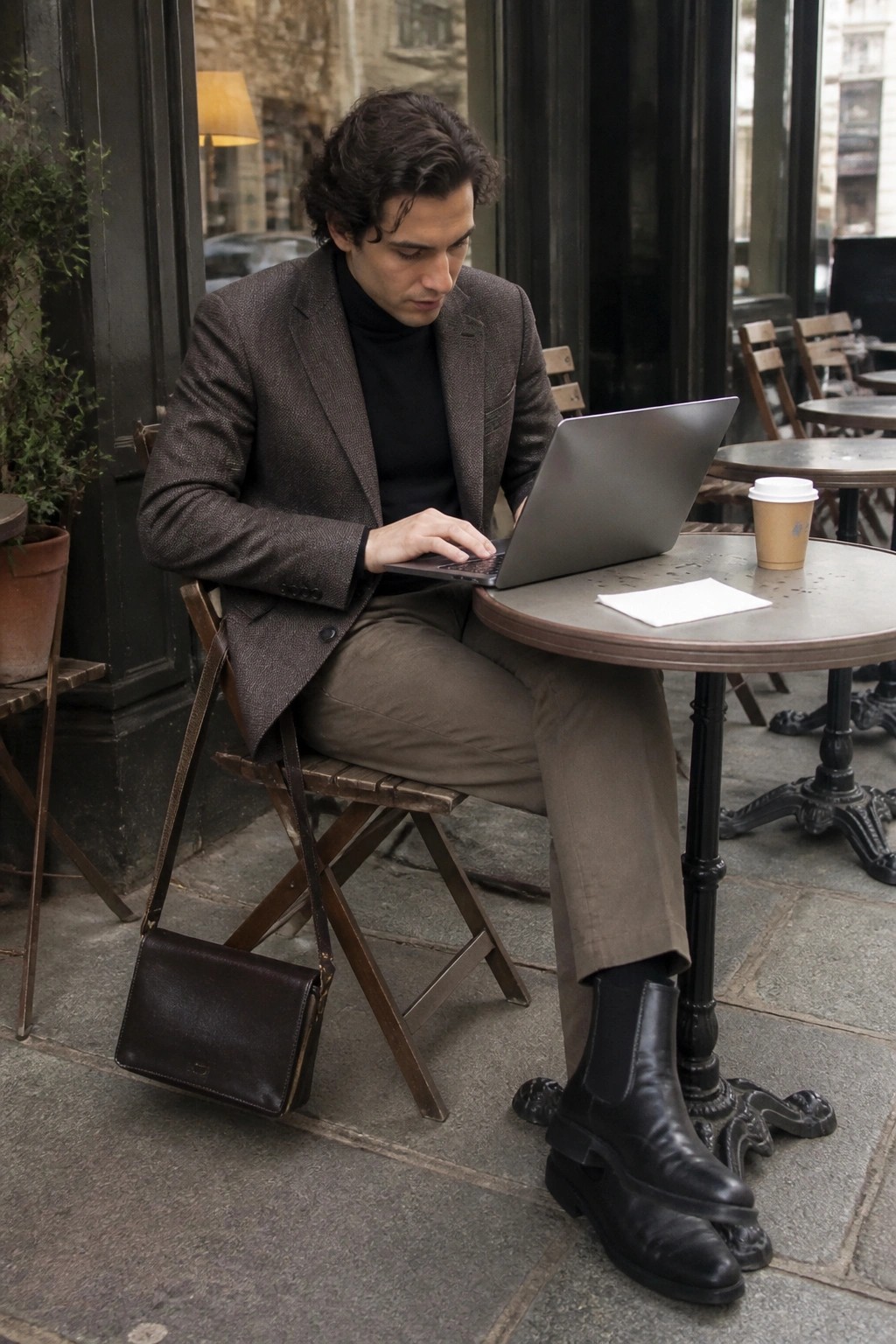 Man in brown blazer types on laptop at outdoor cafe with leather bag nearby.