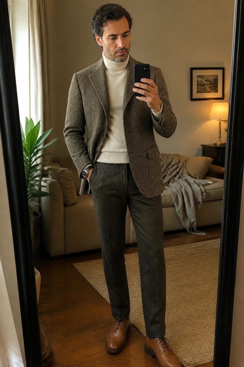 Man in herringbone tweed blazer and turtleneck taking mirror selfie in living room