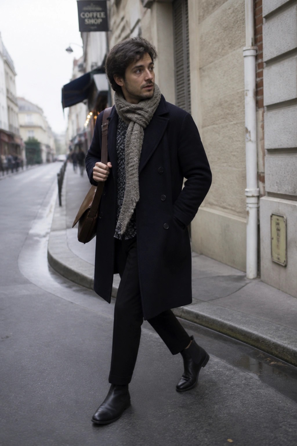 Man in navy overcoat and gray scarf walking wet city street with brown bag