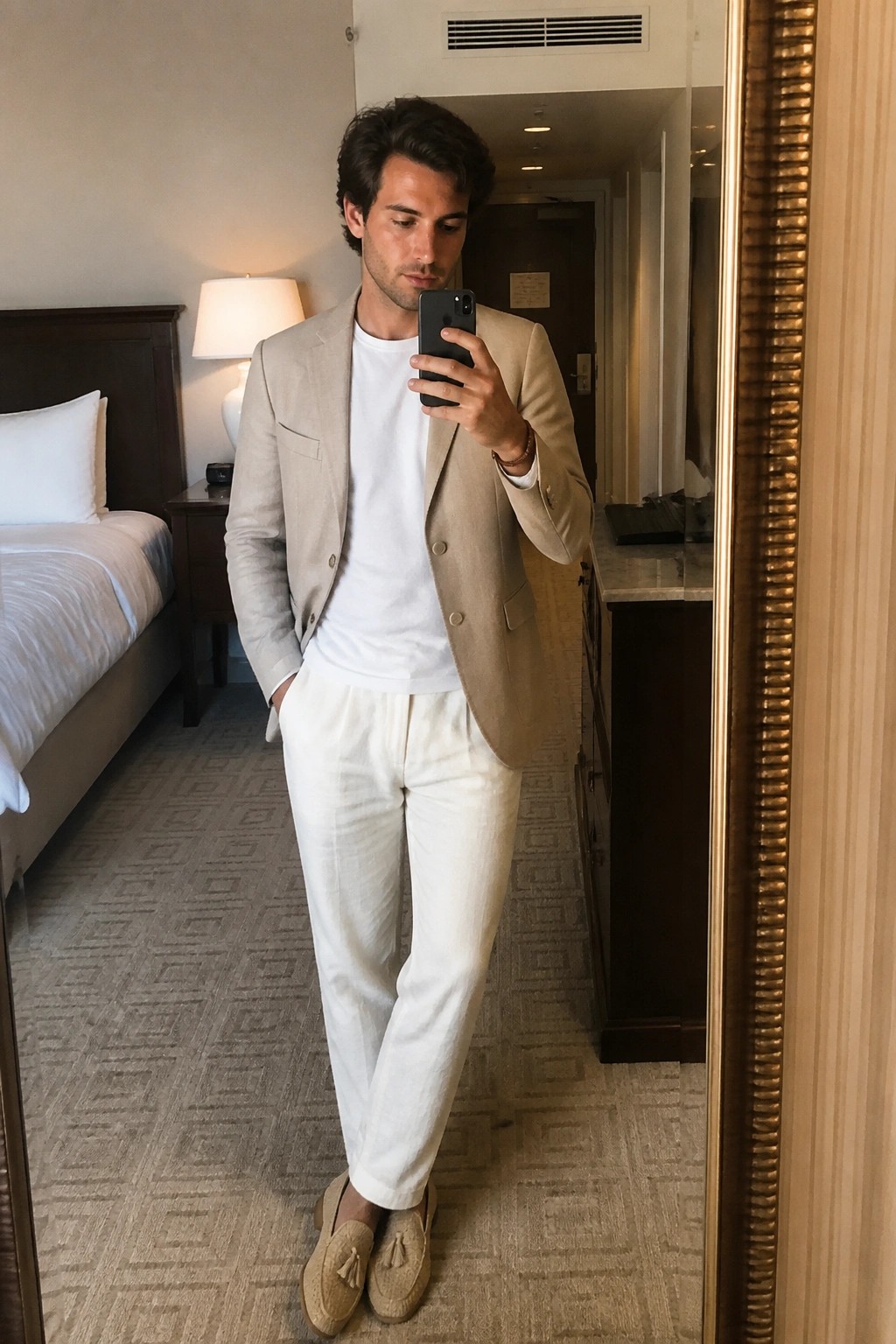 Man in beige blazer and white pants taking mirror selfie in hotel room