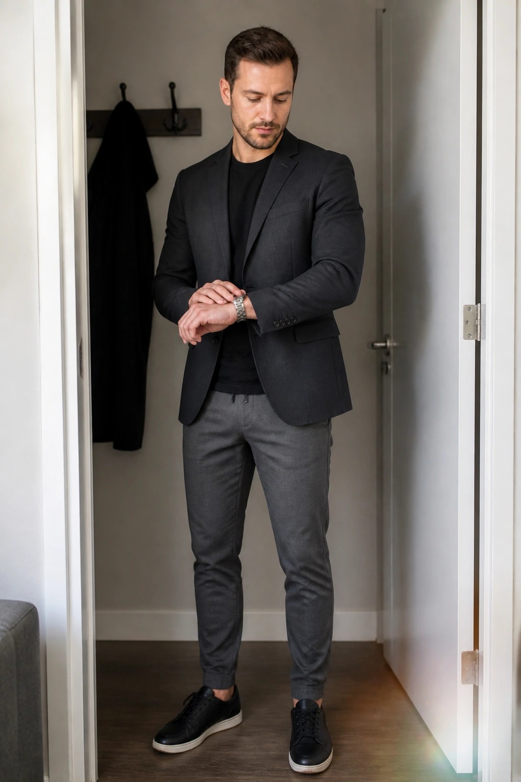 Man in dark gray blazer checks watch while standing in hallway doorway.