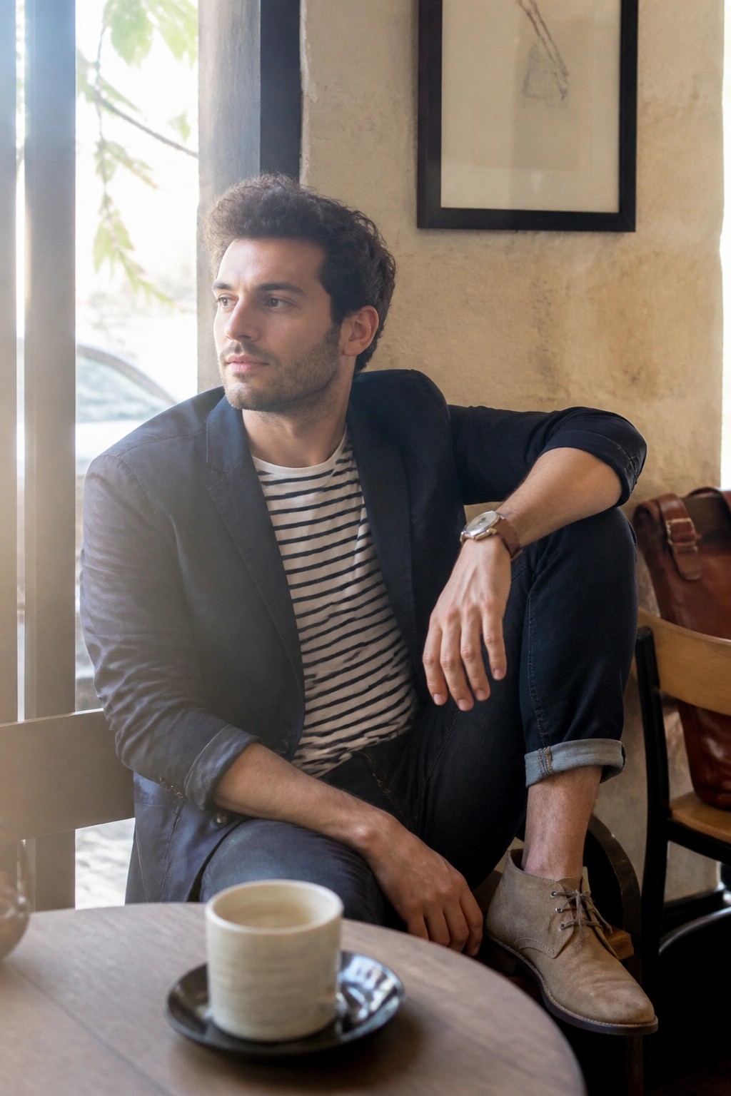 Man in navy blazer and striped shirt seated by cafe window with coffee