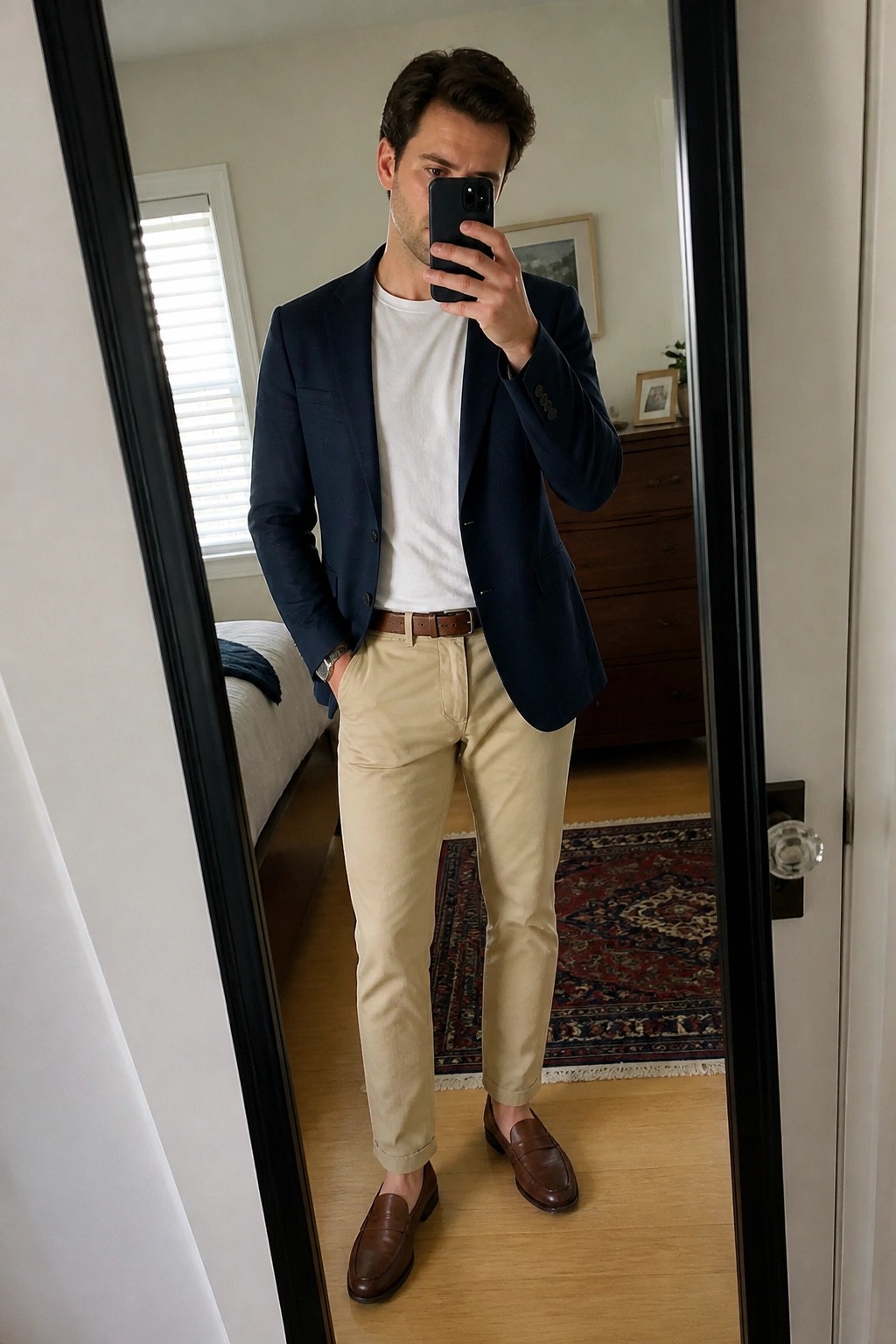 Man in navy blazer, white tee, and khaki pants takes mirror selfie in bedroom