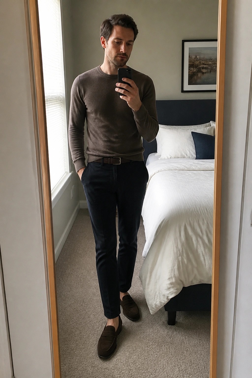 Man in brown sweater and navy pants taking mirror selfie in bedroom.