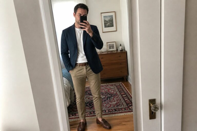 21 Polished Men’s Smart Casual Outfits for Easy Everyday Coordination Man in navy blazer, white tee, and khaki pants takes mirror selfie in bedroom