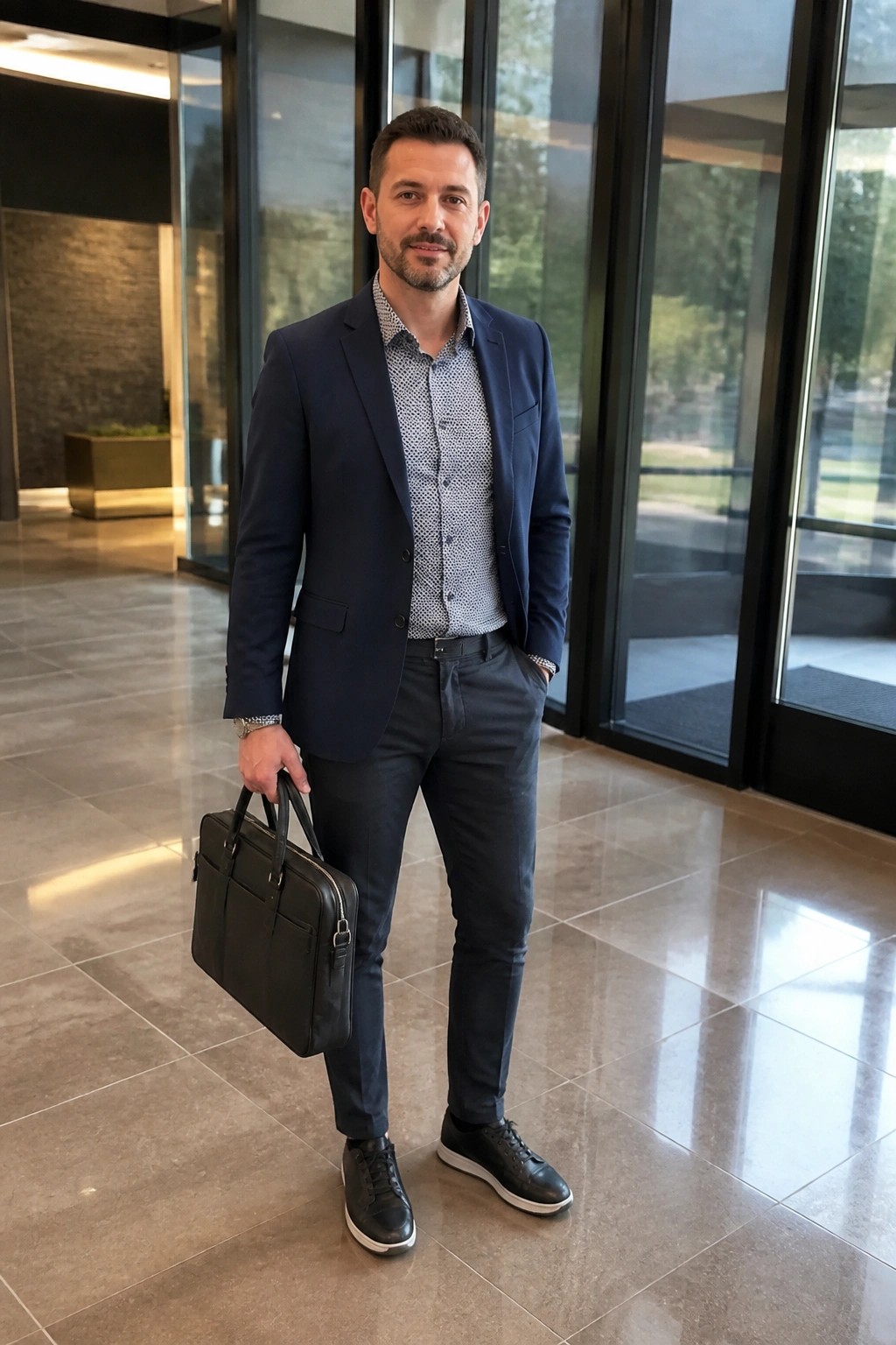 Man in navy blazer and patterned shirt holding black briefcase in modern lobby