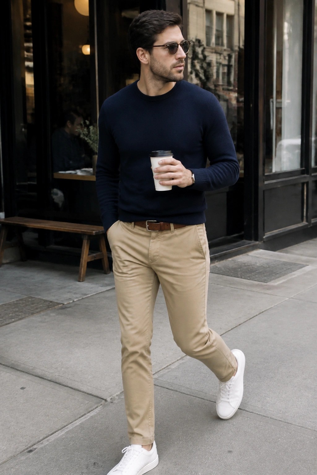 Man in navy sweater and khaki pants holding coffee on city sidewalk