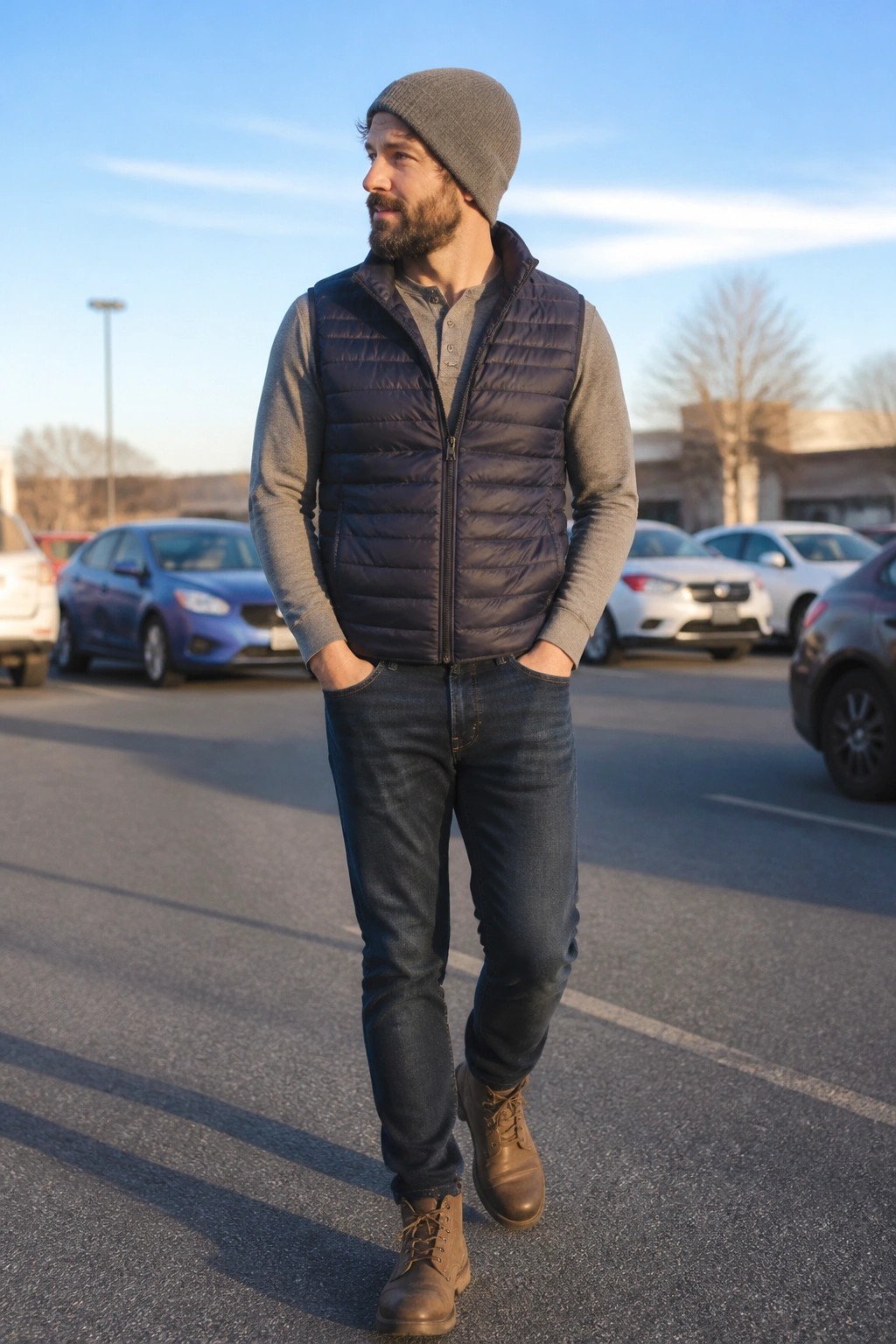 Bearded man in navy puffer vest, beanie, and boots in sunny parking lot