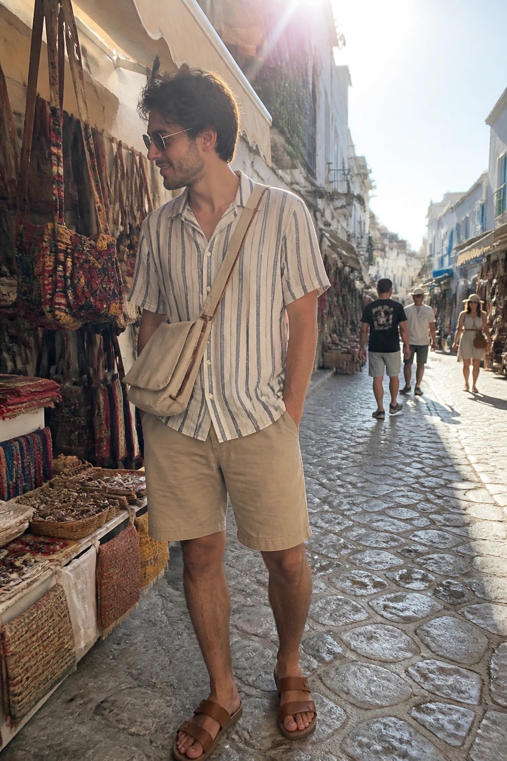 Man wearing a short sleeve striped button down shirt tucked into khaki shorts with brown two strap sandals and a beige crossbody bag
