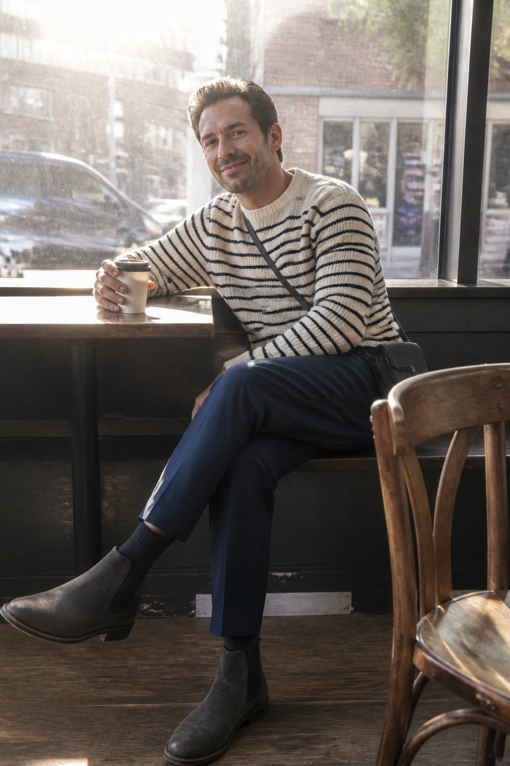 Man in striped sweater holds coffee at sunny cafe window with Chelsea boots