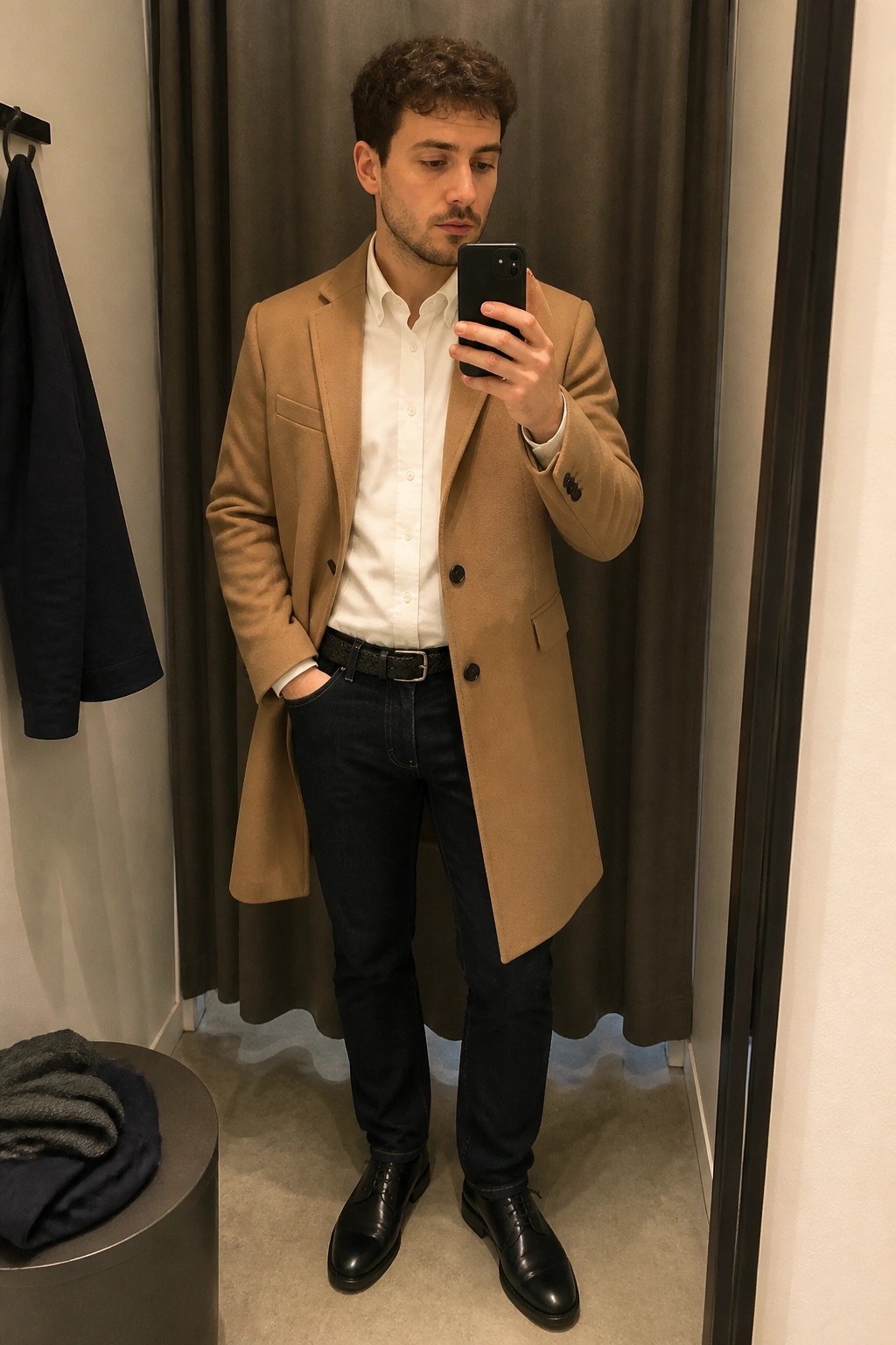 Man in tan overcoat and dark jeans taking mirror selfie in fitting room