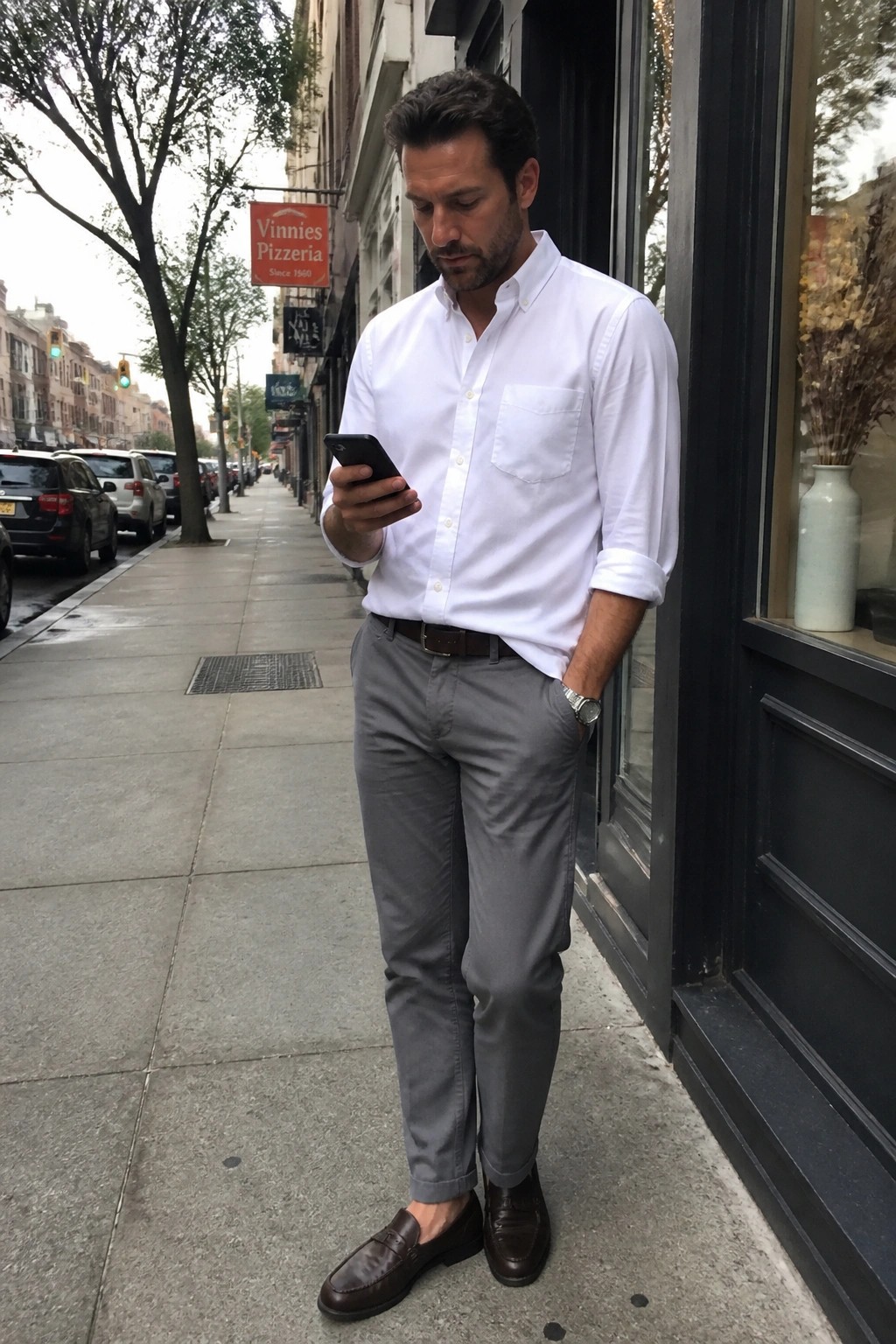 Man in white shirt and gray pants checks smartphone on city sidewalk