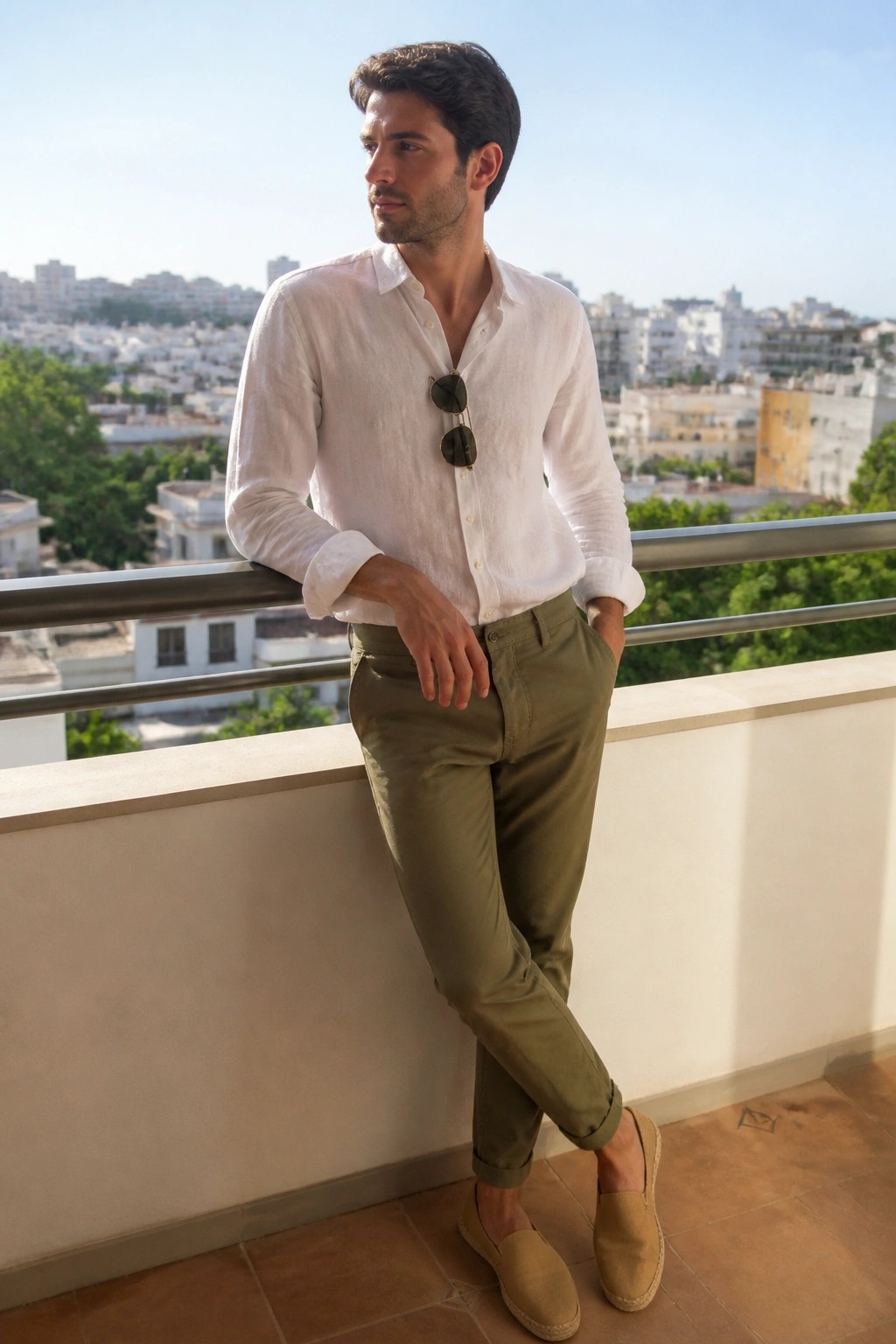 Man in white linen shirt and olive pants on sunny city balcony