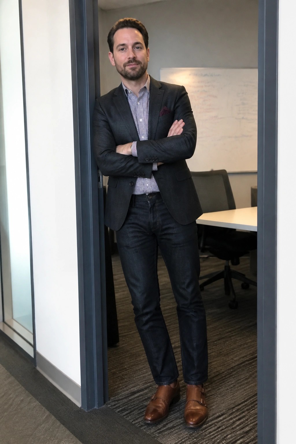 Bearded man in gray blazer and jeans stands arms crossed in office doorway.