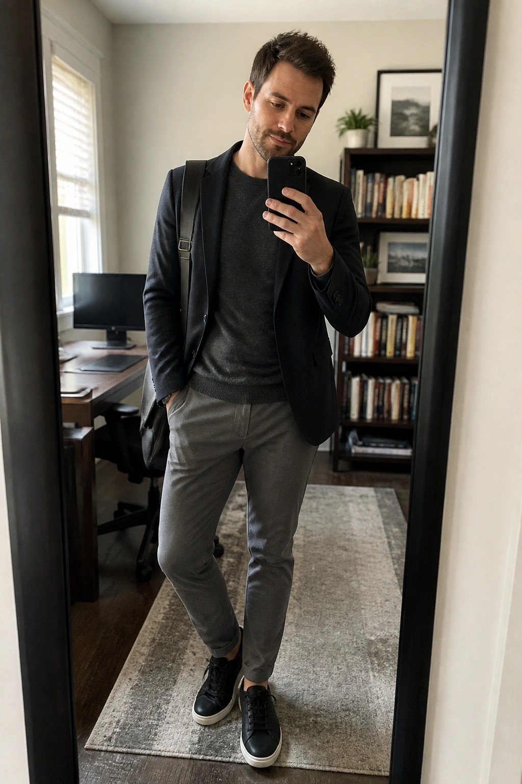 Man in black blazer and gray pants taking mirror selfie in home office