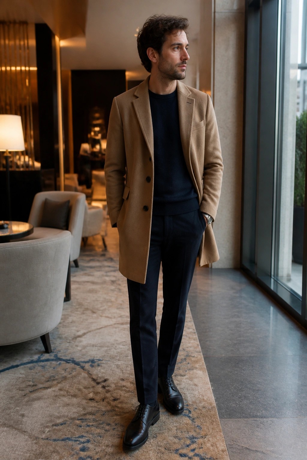 Man in camel overcoat over navy sweater stands in modern luxury lobby.