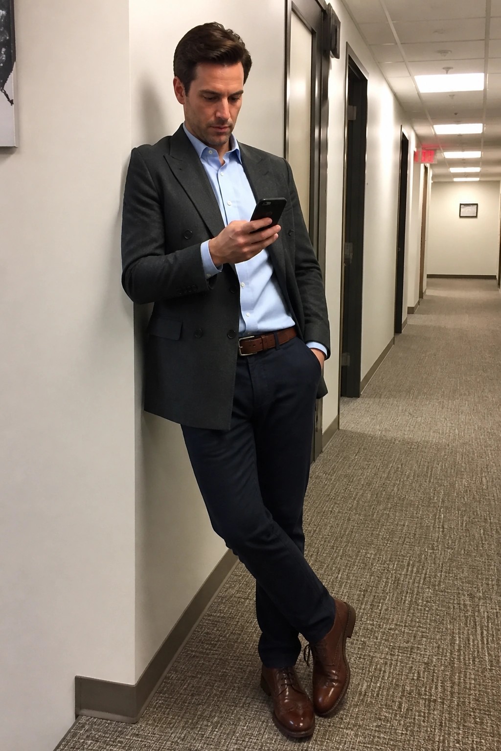 Man in gray blazer and blue shirt checks smartphone in office hallway