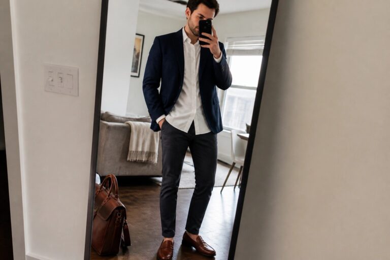 21 Professional Meeting Outfits for Men That Convey Authority Without Looking Overdone Man in navy blazer and white shirt taking mirror selfie in modern apartment