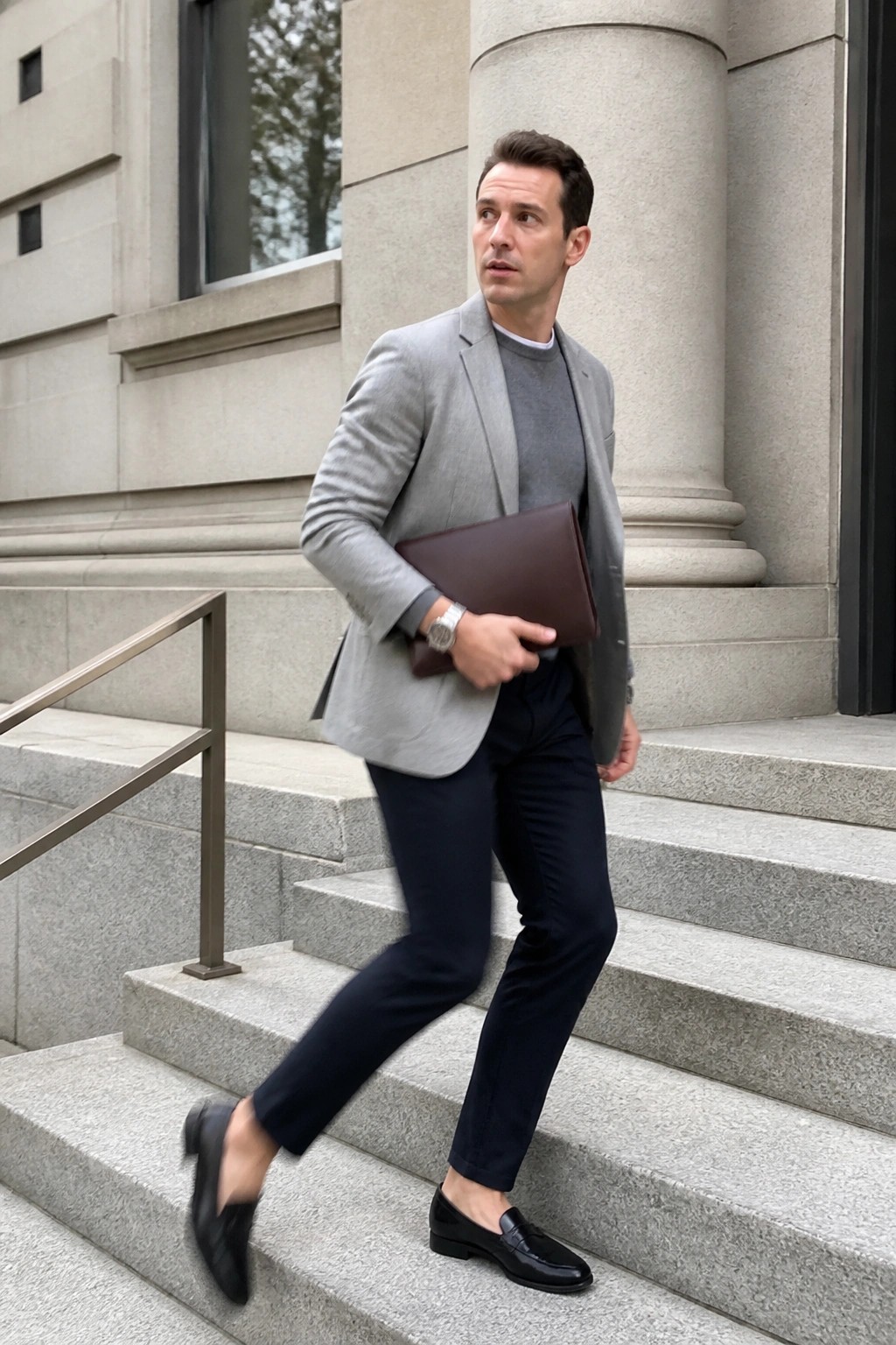 Man in gray blazer holding brown portfolio descending stone steps in navy trousers
