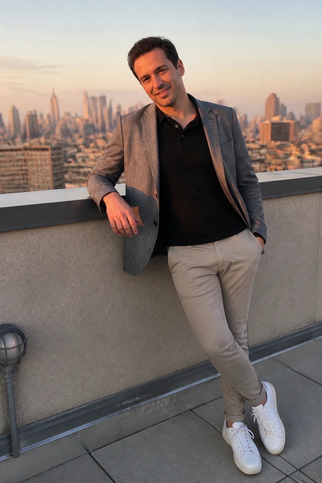 Man in gray blazer and beige pants leaning on rooftop ledge with city skyline behind
