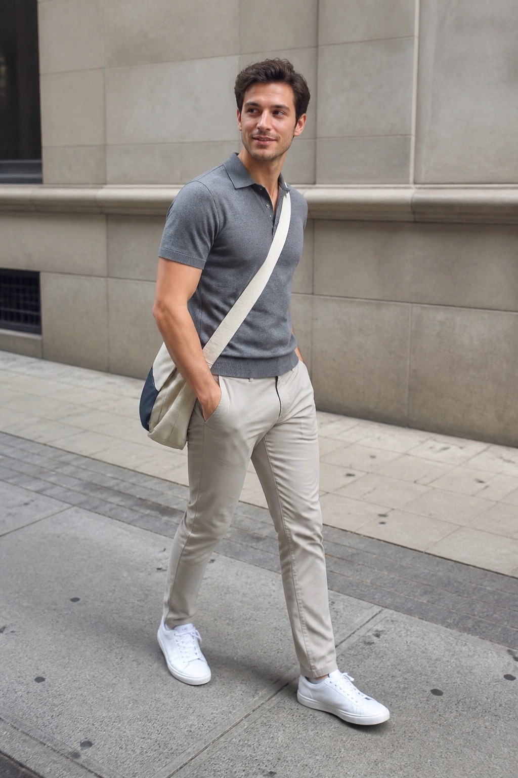 Man in gray polo shirt and beige pants with crossbody bag on sidewalk