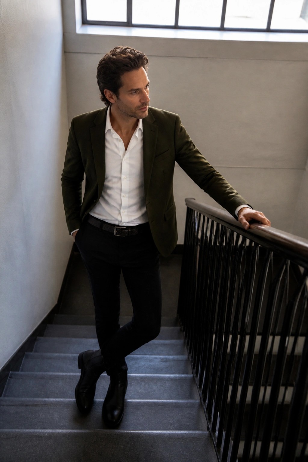 Man in green blazer and white shirt leaning on staircase railing