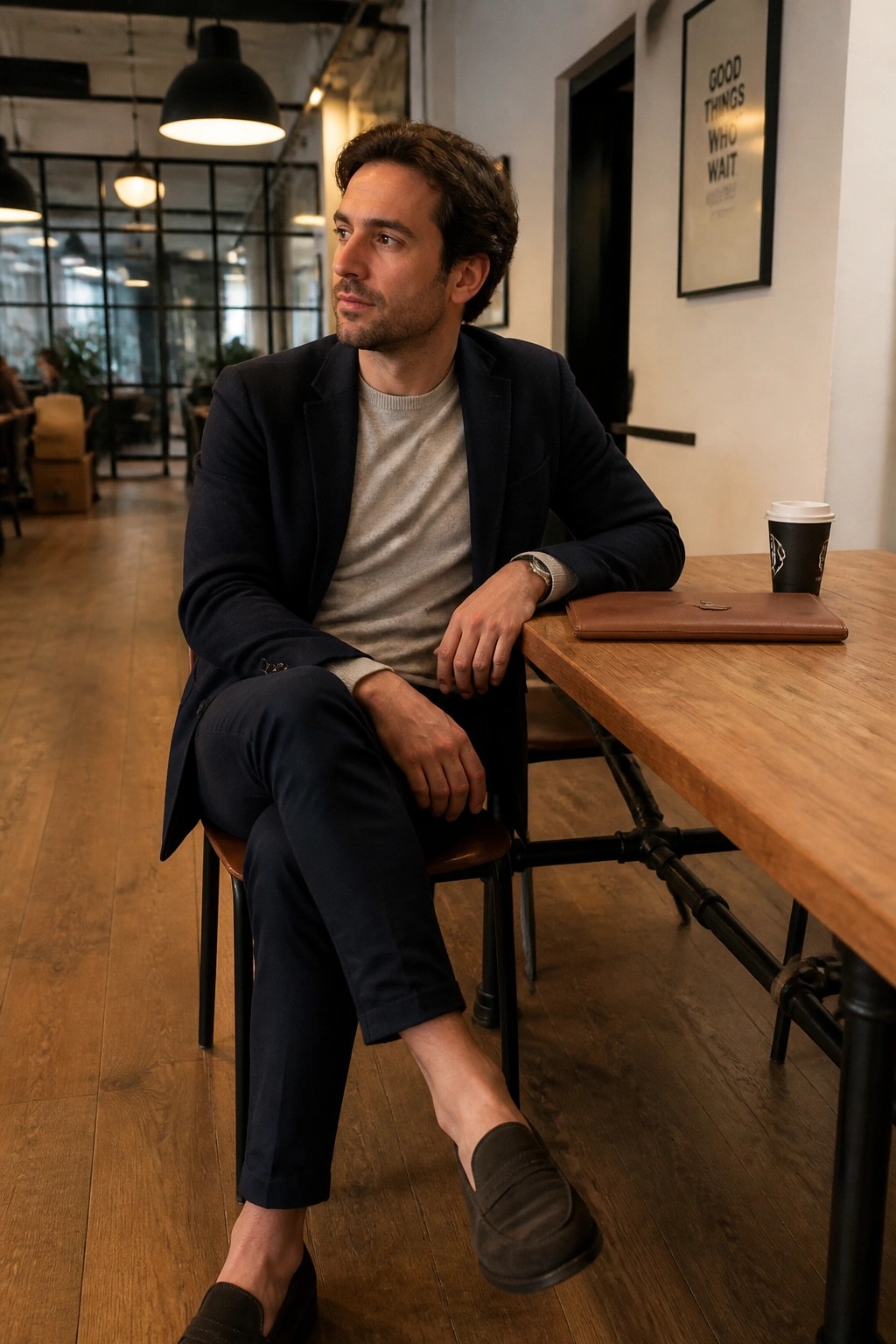 Man in navy blazer and gray sweater sits at wooden table with coffee and portfolio