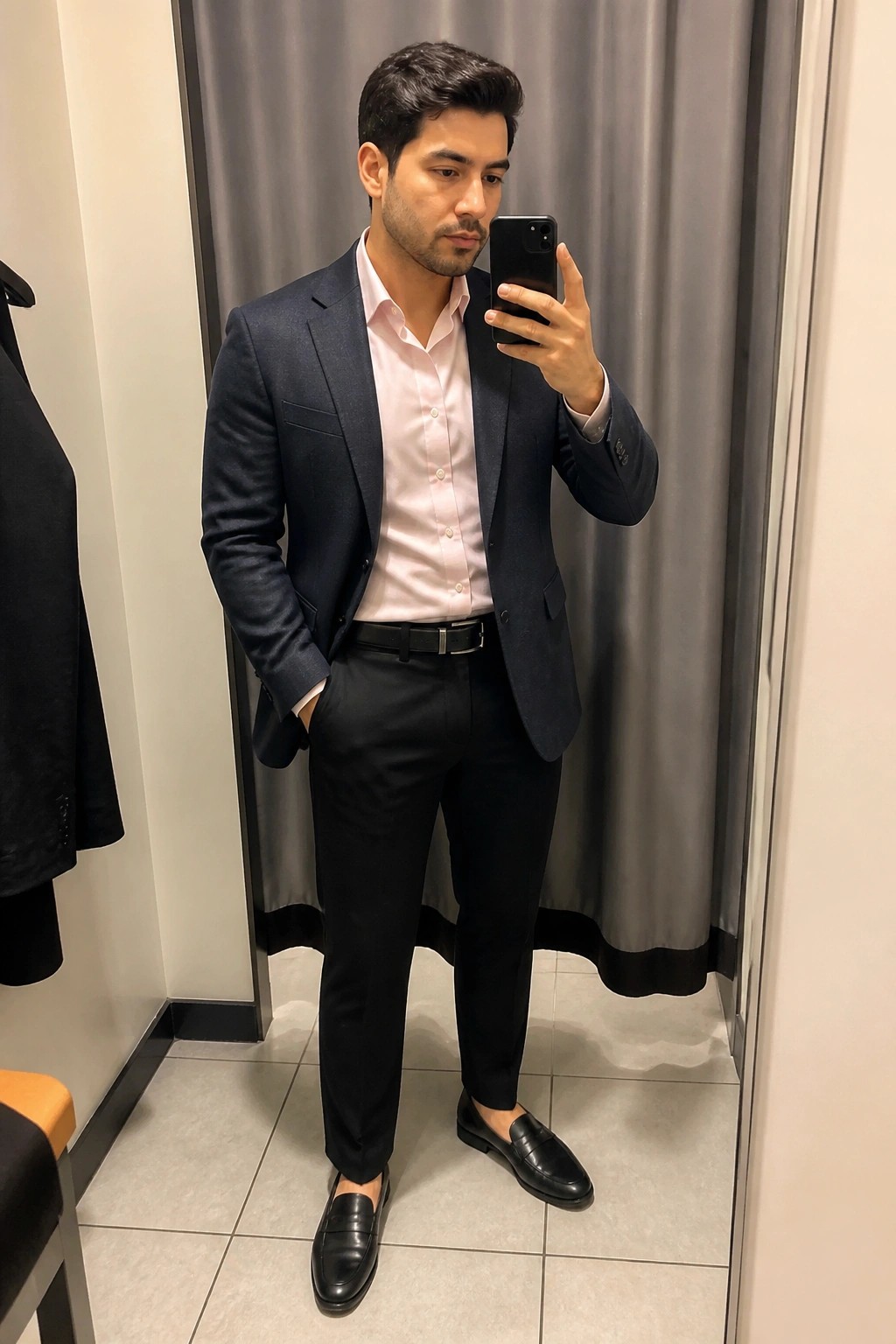 Man in navy blazer and pink shirt takes mirror selfie with smartphone