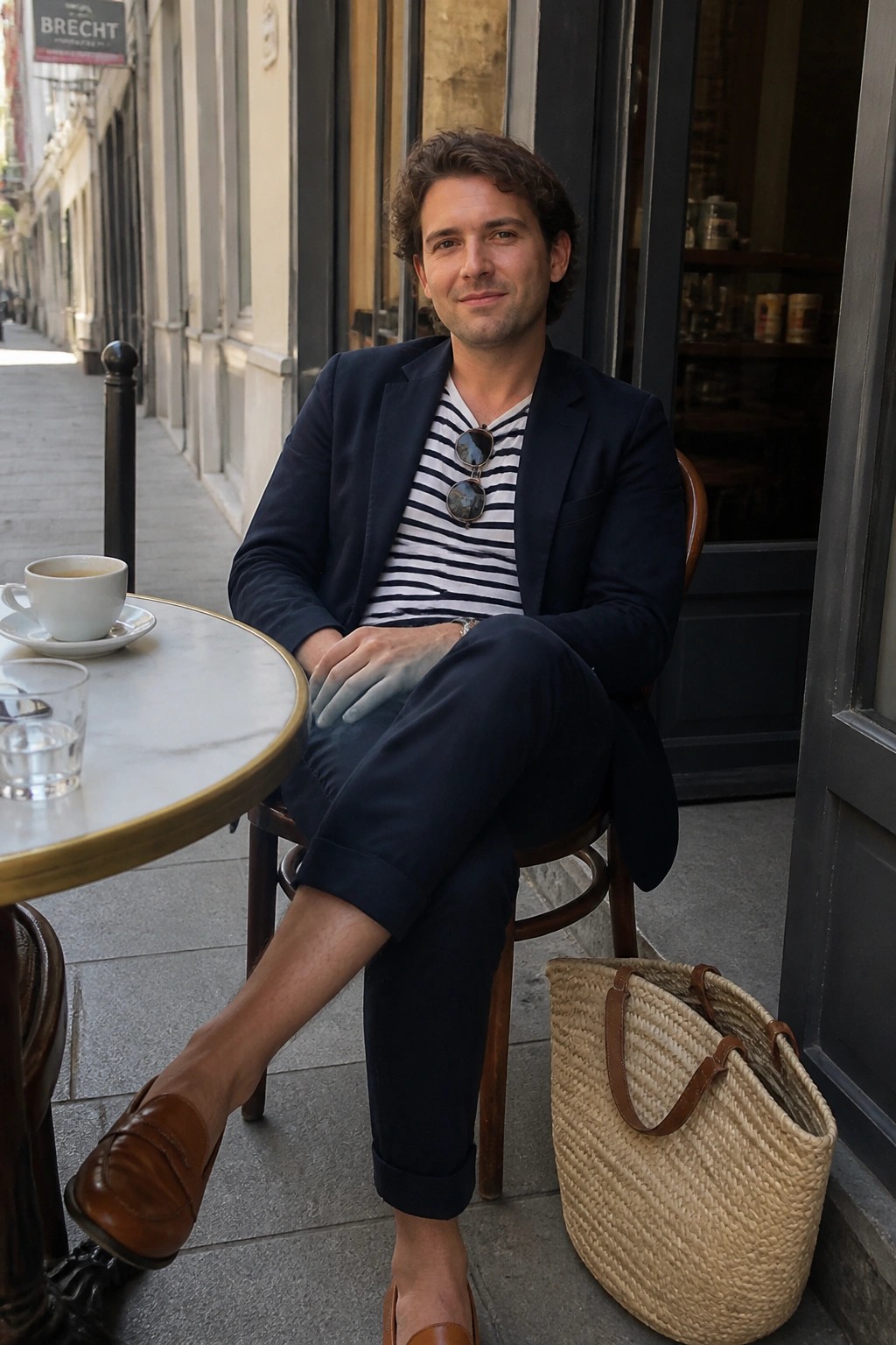 Man in navy blazer and striped shirt at outdoor cafe with woven bag nearby