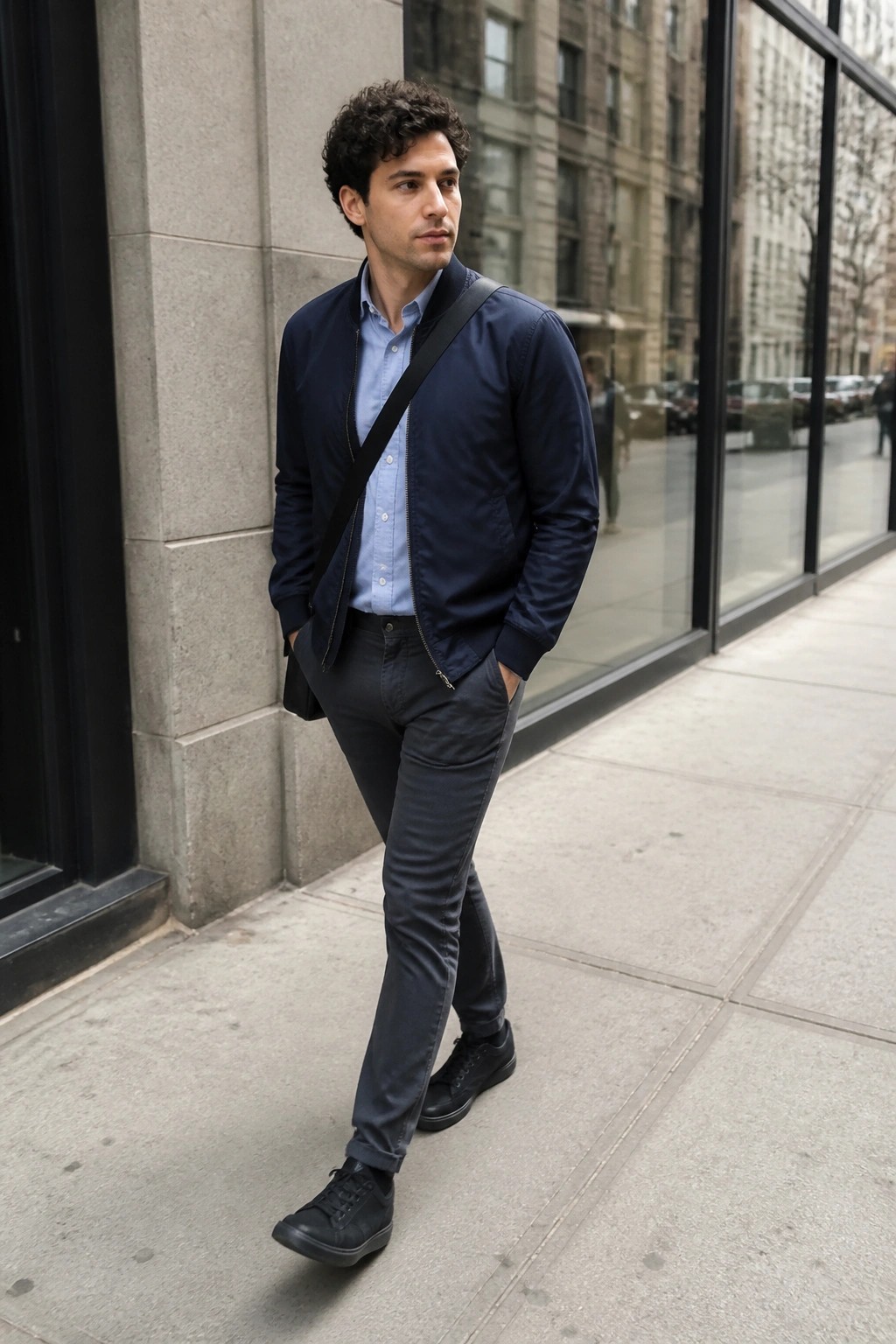 Man in navy bomber jacket and gray pants on urban sidewalk