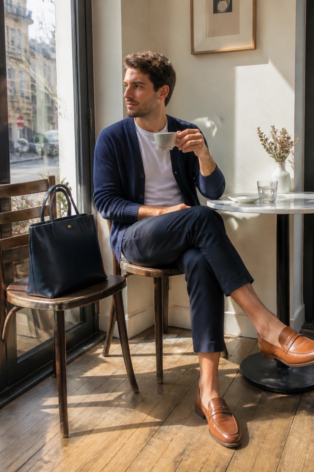 Man in navy cardigan holds cup by sunny window, black bag on wooden chair nearby